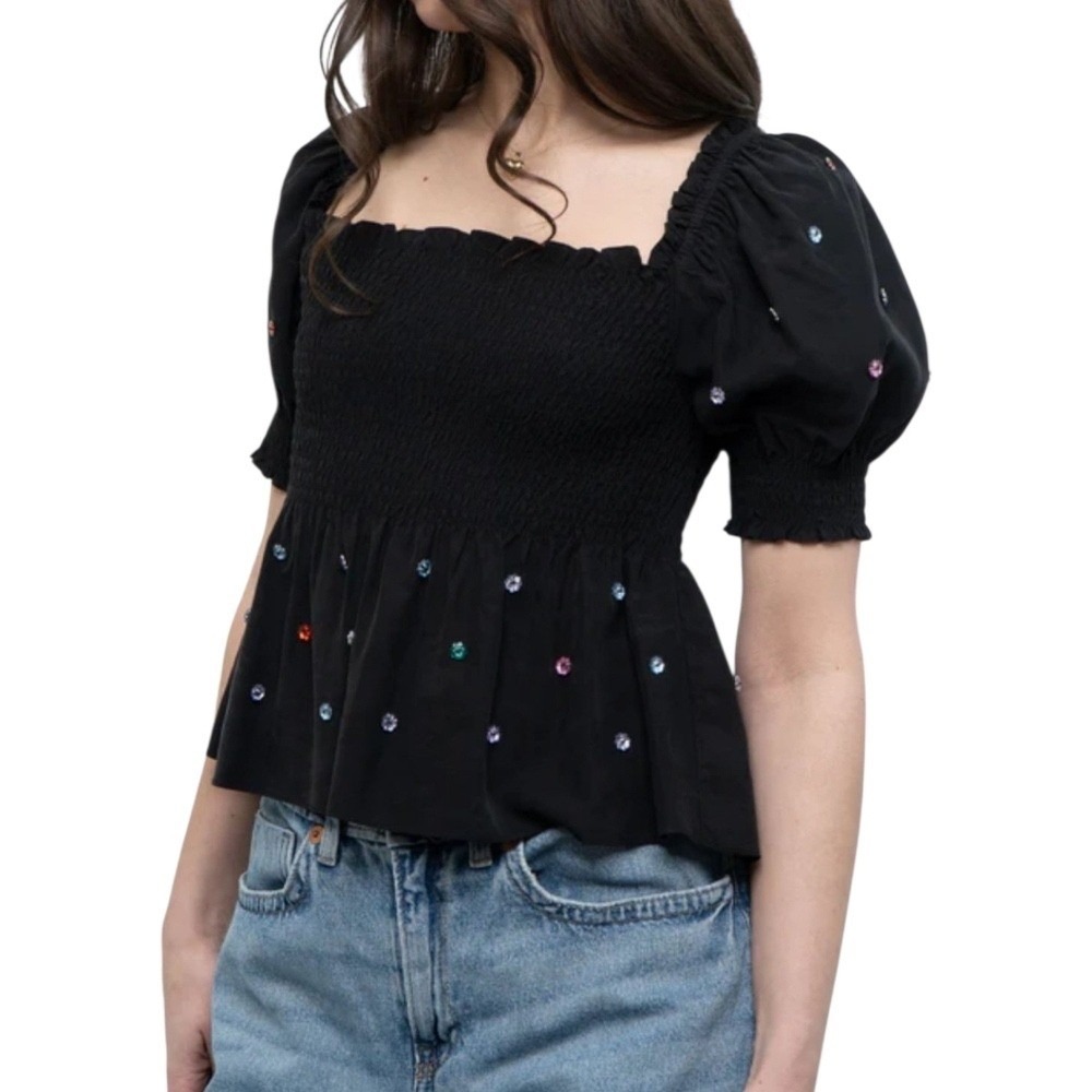 Hill House Beaded Babydoll Top Smocked Puff Sleeve Blouse Women's Small Stretch